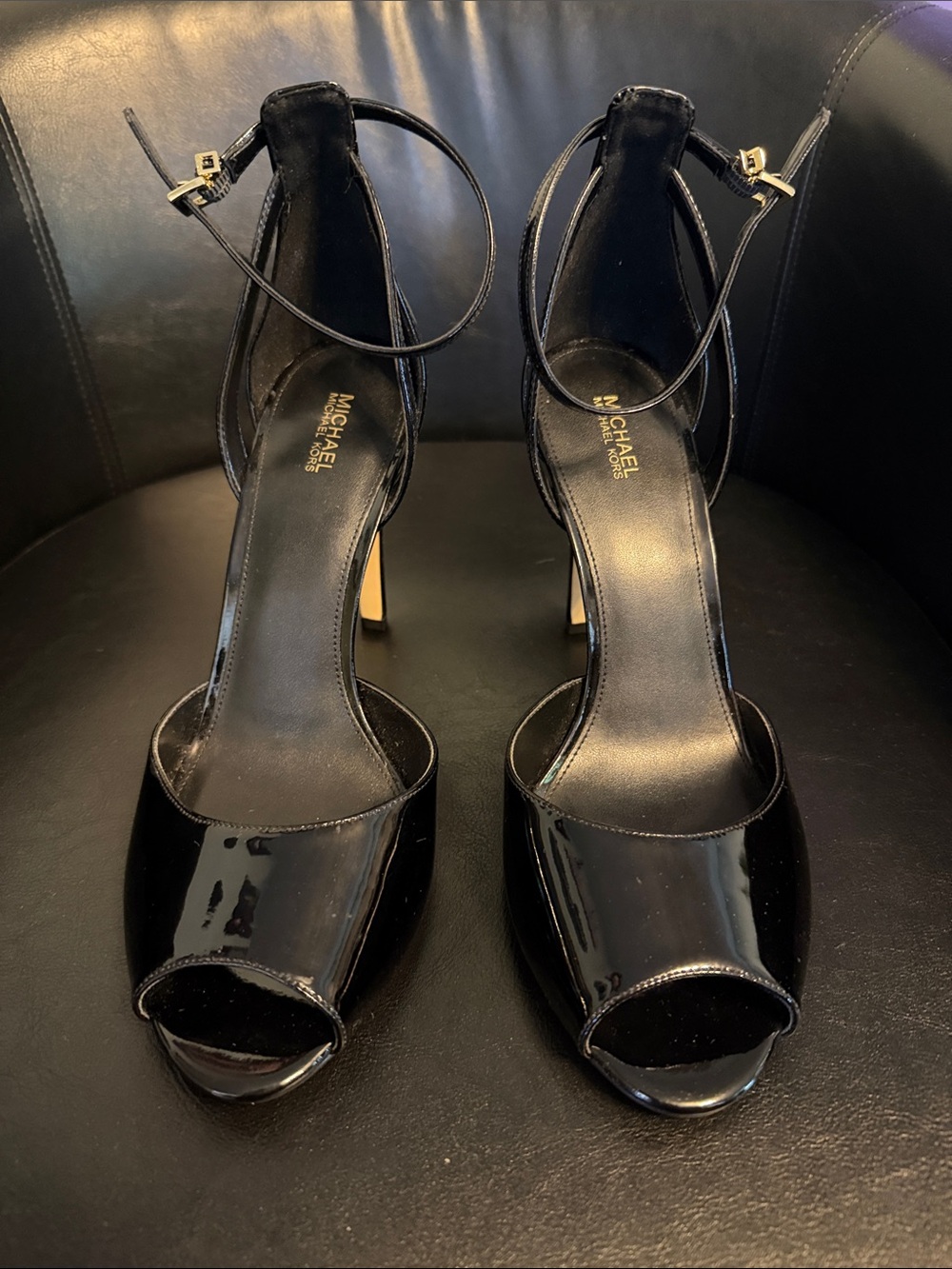 Michael Kors Black Patent Peep-Toe Ankle-Strap Heels with Gold Buckle